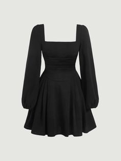 Negro Elegante Collar manga larga Tela tejida Liso A línea Embellished Elástico Ligero Cute Simple Black Dress, Long Lantern Sleeve Dress, Long Sleeve Dress Teen, Dress For Promotion, Squared Neckline Dresses, Cute Dresses For 11-12, Cute Dresses Long Sleeve, Black Dresses For Graduation, Vestidos Elegantes Aesthetic