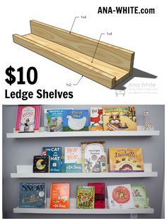 a book shelf with books on it and the words $ 10 for ledge shelves below