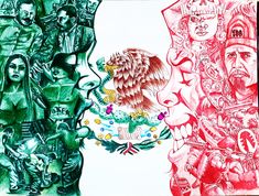 an artistic drawing of mexico and the united states, with different symbols on it's sides