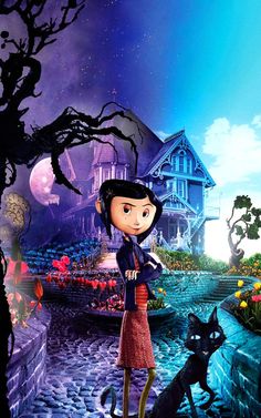 an animated character standing in front of a house with pumpkins and flowers on the ground