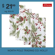 three christmas napkins with holly and pine cones on them are $ 2 00 each