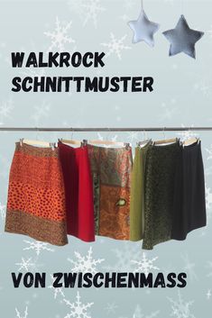 four skirts hanging on a clothes line with snowflakes in the background and text that reads walkrock schnttmuster