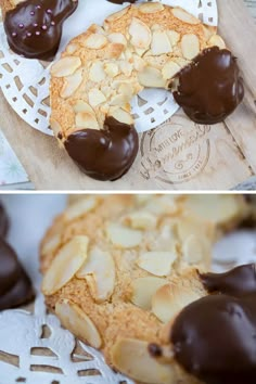 two pictures of cookies with chocolate and almonds on them