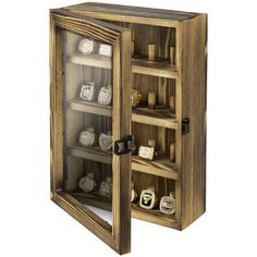 a wooden cabinet filled with lots of different items