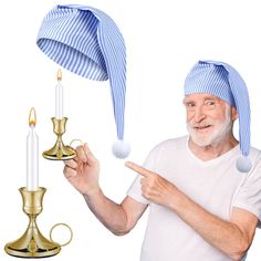 PRICES MAY VARY. Men's Night Sleeping Hat Set Includes: you will receive 1 pcs blue and white sleeping cap, 1 pcs white candle, 1 pcs gold candle holder; The sleeping cap set is abundant, enough to well satisfy your holiday decorating and replacement needs; It is easy to match with various outfits Adjustable Sleeping Cap: the pajama hat comes with a fluffy pom-pom, semi-stretchable; The circumference size is 23 inches before stretch and it will be 28 inches after stretched; The size fits most pe Pajama Outfit Men, Pajama Hat, Nye 2025, Sleep Outfit, Gold Candle Holder, Sleeping Hat, Sleeping Gown, Sleeping Cap, Vampire Clothes