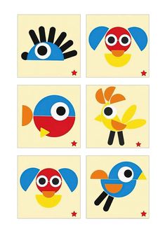 four pictures of different colored birds with big eyes and one bird has stars on it's head