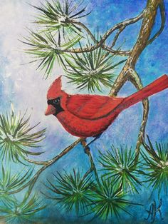 a painting of a cardinal perched on a pine tree branch