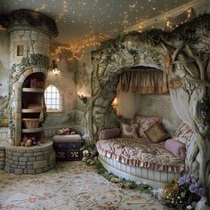 a bedroom decorated with fairy lights and furniture