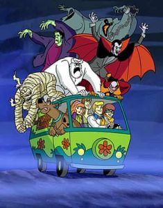 cartoon characters riding on the back of a van in an animated scene with ghost and dracula