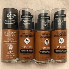 $10/Each Or 4 For $30 New Sealed Matte Sunscreen Foundation #355 Almond 3 Matte Sunscreen Foundations 1 Regular Sunscreen Foundation Please Refer To Pictures For More Details From Bottle. Sunscreen, Revlon, Sunscreen Foundation, Matte Sunscreen, Revlon Colorstay Foundation, Revlon Makeup, Revlon Colorstay, Makeup Foundation, Tan Brown