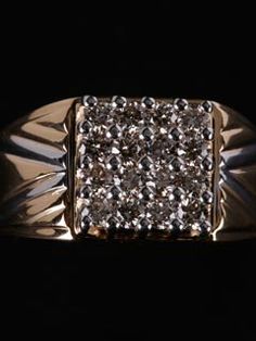 This Men's Ring Has A Distinctive Styling, Accented With Diamond Cluster Set In 14 Carat Gold. Diamond Cluster