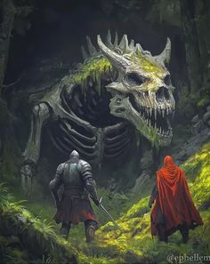 two men in red capes are walking through the woods with a giant dinosaur skeleton behind them