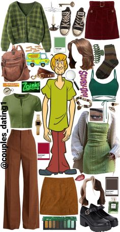 A collage of clothing and accessories used to create a Shaggy (Scooby Doo) DIY costume. Lots of greens and browns. Group costume. Shaggy Scooby Doo Outfit Ideas, Scooby Doo Themed Outfits, Shaggy From Scooby Doo Costumes, Modern Scooby Doo Outfits, Shaggy Womens Costume, Shaggy Costume Female Scooby Doo, Fred Outfits Scooby Doo, Cute Shaggy Costume, Shaggy Inspired Outfits Scooby Doo