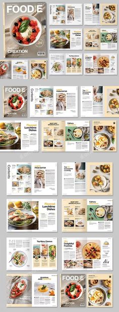 an assortment of food brochures are shown in this graphic style, with different images and