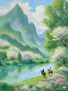 two people riding horses near a river with mountains in the background and flowers on the bank