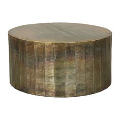 a round wooden table with gold paint on it