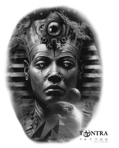 an egyptian woman's face in black and white with the words tattra tattoo