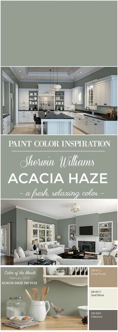 an advertisement for paint color inspiration featuring the kitchen and living room in shades of gray