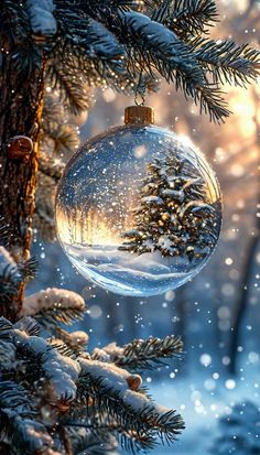 a christmas ornament hanging from a tree in the snow with pine trees and sun shining