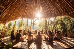 a group of people sitting on top of a wooden floor in front of a hut