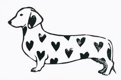 a black and white drawing of a dachshund with hearts on it's back