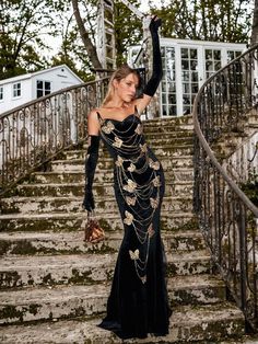 Olivia Mark - Gorgeous Velvet Evening Gown with Butterfly Pattern Velvet Evening Gown, Butterfly Chain, Business Wear, Jumpsuits And Romper, Feather Dress, Maxi Dress Green, Effortless Elegance, Crystal Embellishment, Embellished Dress