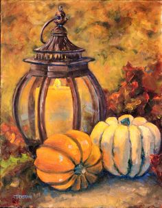 an oil painting of pumpkins and a lantern