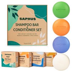 PRICES MAY VARY. This gift pack of shampoo and conditioner bars come with 4 unique essences – Peppermint, Aloe, Citrus and Cedar! Designed for all ages, our approach of plant-based butters and essential oils make these compact hair bars a smart and safe choice as holiday gifts for Valentine's Day, Thanksgiving Day, Christmas Day or Mother's Day etc. 0% HARMFUL INGREDIENTS: We also left out all the unnecessary ingredients that are proven to be or are potentially harmful. Our shampoo bars and cond Best Shampoo Bars, Aloe Vera Shampoo, Shampoo Bars, Hair Gift, Conditioner Bar, Solid Shampoo, Dull Hair, Sls Free Products, Sulfate Free