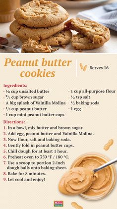 the recipe for peanut butter cookies is shown in an advertisement with instructions to make it