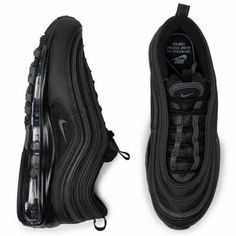 This women's Nike Air Max 97 arrives in a clean black and dark grey colorway. Sporting a black-based upper with dark grey accents. Their release date was August 1st, 2017 where they dropped alongside a collection of Air Max classics such as the AM 90 and AM 95 Air Max 97 Black Outfit, Nike 97, Nike Air Max 97 Black, Nike Air Max Black, Black Sneakers Women, Tmax Yamaha, Black Nike Air Max, Shoes Sneakers Black, Branded Shoes