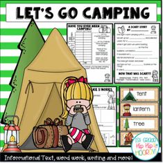 a tent with the words let's go camping on it and an image of a woman