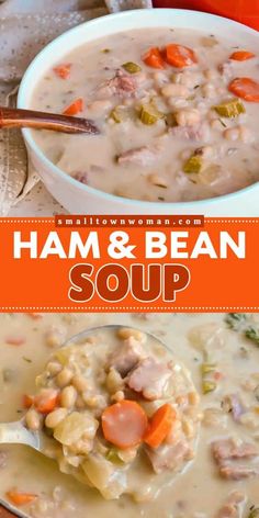 ham and bean soup in a white bowl