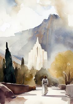 a watercolor painting of a person walking down a path in front of a mountain