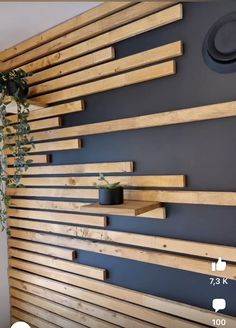 the wall is made out of wooden planks and has a plant on top of it