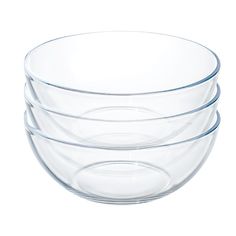 three clear bowls stacked on top of each other