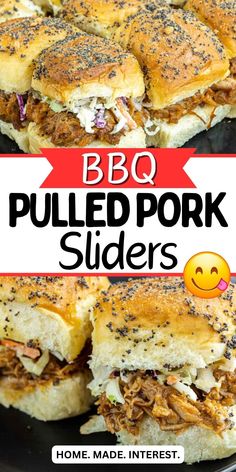 bbq pulled pork sliders on a black plate with text overlay that reads, bbq pulled pork sliders