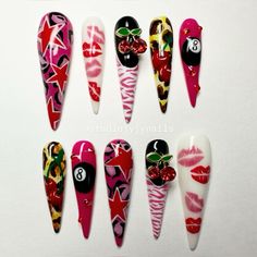 Mood board #4 inspired nails! 💋⭐️🍒 obsessssedddd with how these came out! #custompressonnails #pressonnails #nails #nailart #nailsofinstagram #naildesign #pressonnailsforsale #gelnails #gelpolish #gelnailpolish #stilettonails #longnails Y2k Bratz, Inspired Nails, Gel Nail Design, Stiletto Nails, Miami Fl, Nails Nailart, Gel Nail Polish, French Nails, Long Nails