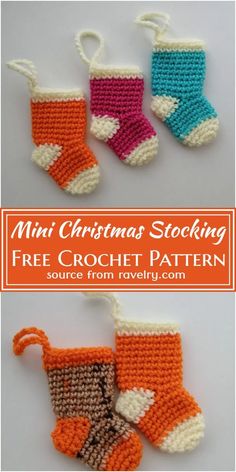 three crocheted christmas stocking ornaments with text overlay that says mini christmas stockings free crochet pattern