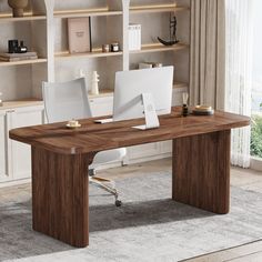 a wooden desk with two white chairs in front of it