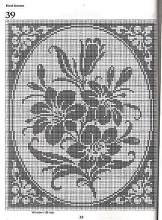 a cross stitch pattern with flowers and leaves on the border, in grey tones that are not