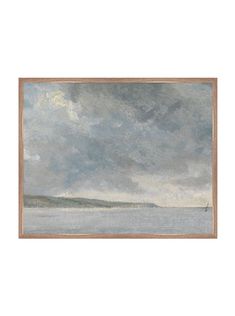 an oil painting of a boat on the water with clouds in the sky above it