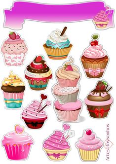 a bunch of cupcakes with different toppings on them and a pink ribbon