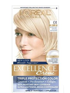 Loreal Paris Excellence Creme Haircolor, Extra Light Ash Blonde [01] (Cooler) 1 Ea Product details: LOreal Paris Excellence Creme Haircolor, Extra Light Ash Blonde [01] (Cooler) 1 ea  Brand : loreal paris Manufacturer : LOreal Paris - Brand: LOreal Paris - Item Form: Creme - Hair Type: Normal - Up to 100% gray coverage - Protect hair in-between coloring Non-drip. 100% Long lasting gray coverage. Ultimate lightening in one step. Superior gray coverage. Nothing protects better, nothing covers gray Light Ash Blonde Hair, Natural Ash Blonde, Grey Hair Coverage, Blonde Makeup, Ash Blonde Hair Colour, Grey Blonde, Colored Hair Tips, At Home Hair Color, Dyed Blonde Hair