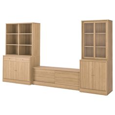 an image of a wooden furniture set with shelves and cupboards on the bottom shelf