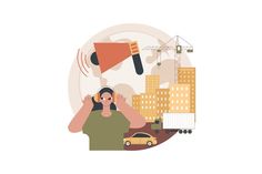 a woman is listening to music in front of a cityscape with construction cranes