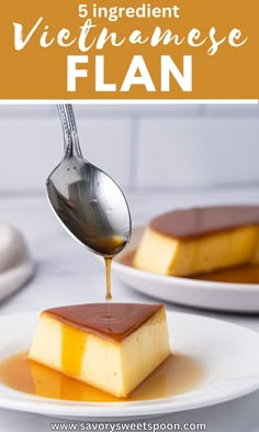 a spoon drizzling caramel sauce on top of a flan dessert