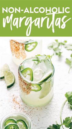 two glasses filled with cucumber and lime margaritas