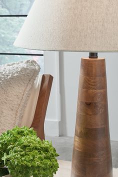 a table lamp sitting next to a green plant