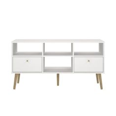 the sideboard with three drawers is white and has two wooden legs on each side