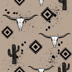 an image of longhorns and cactuses on a gray background with black spots